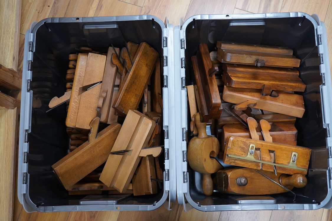 Fifty early 20th century woodworking moulding planes, etc. by John Moseley & Son, London, A.Mathieson & Son, Glasgow, Buck, Tottenham Court Road, Preston, Christopher Johnson & Co., Malloch & Son, Perth, most with the bo